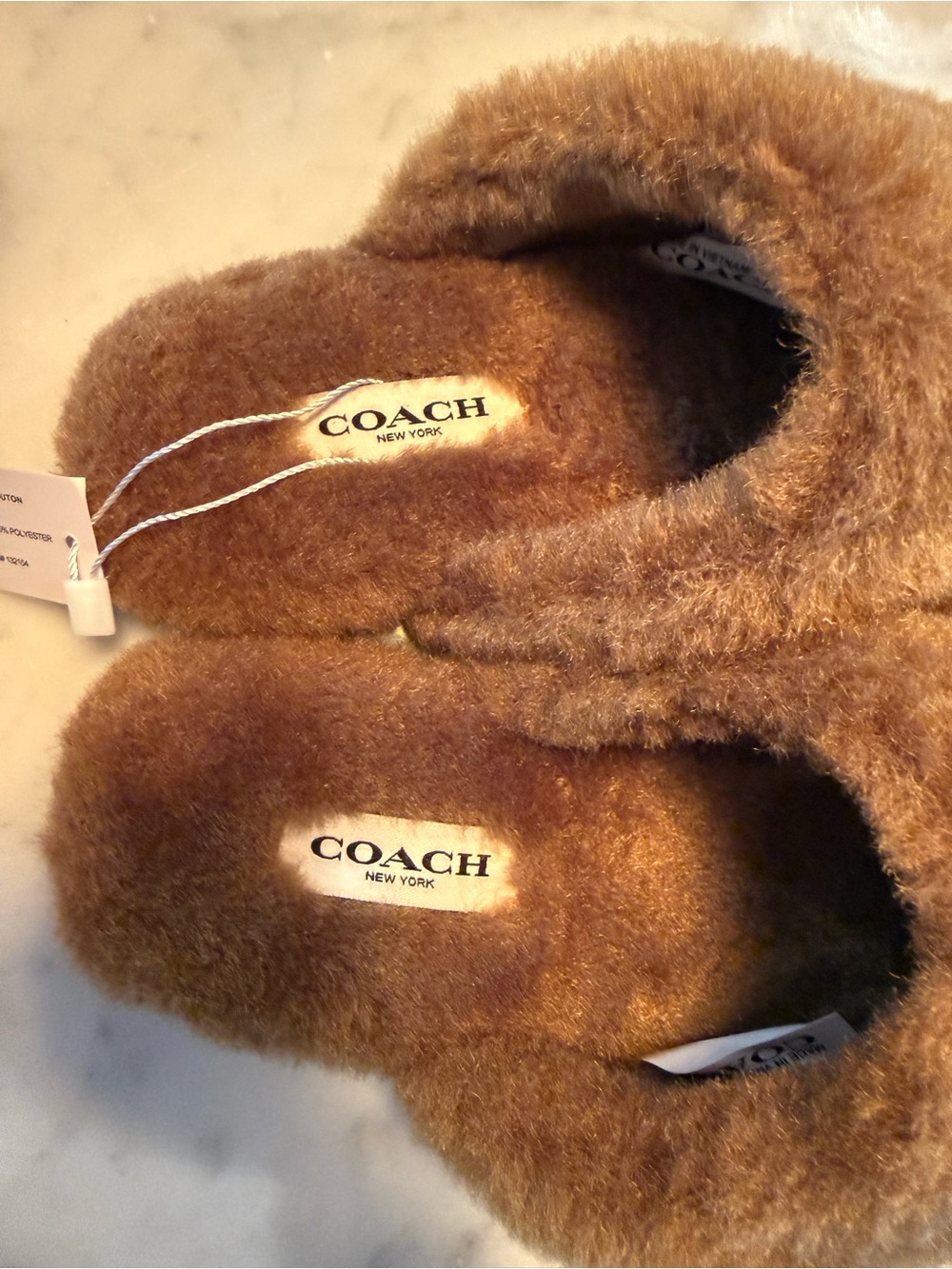 NWT Coach Women's Sherpa Flat Mules in tobacco tan signature suede - Picture 2 of 4